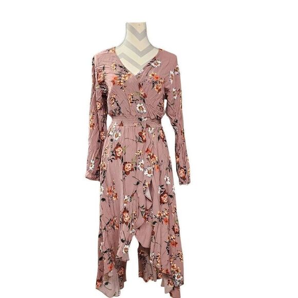 Women's Size XL Blush Pink Floral Print Hi Low Maxi Dress Long-Sleeve Elastic Wa - Picture 1 of 5